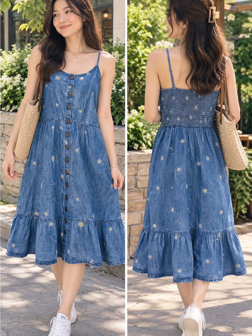 Saprano Denim Blue Sunflower Button-Front Midi Dress